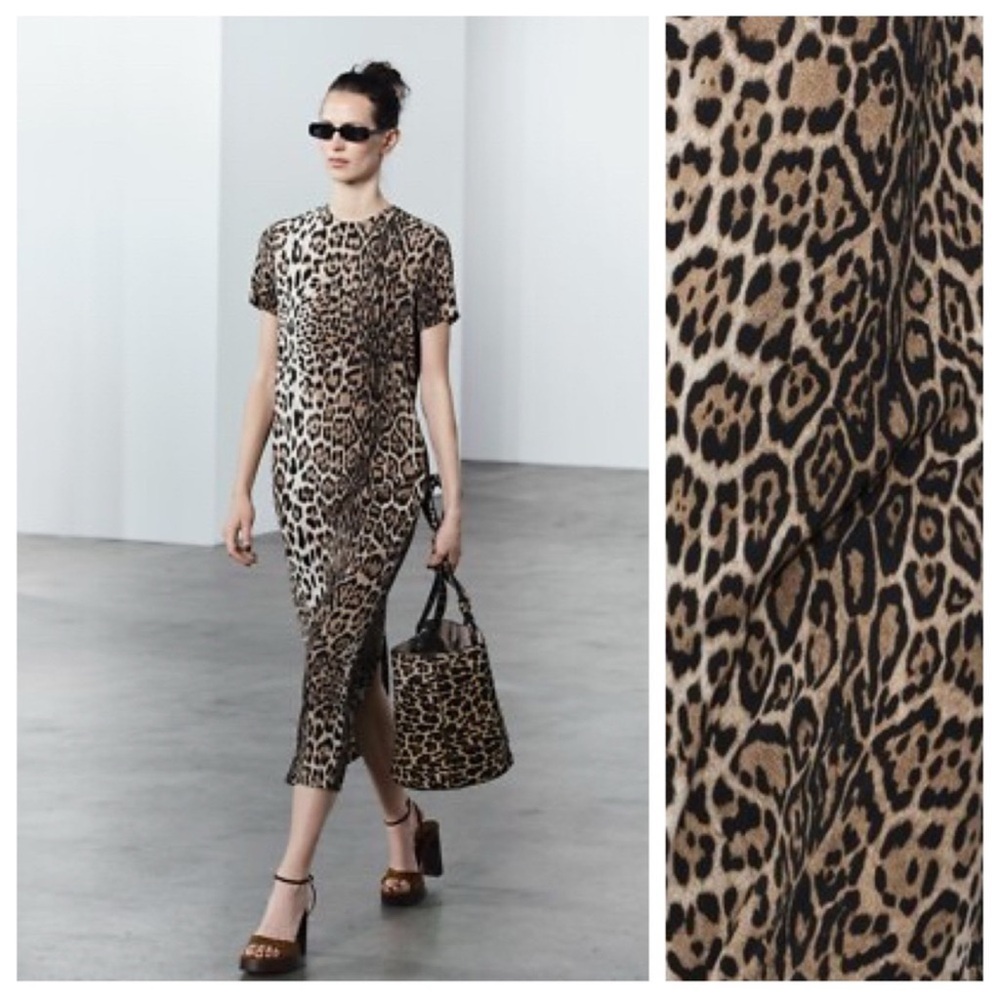 Leopard Print Short-Sleeve Midi Dress - Brown/Black